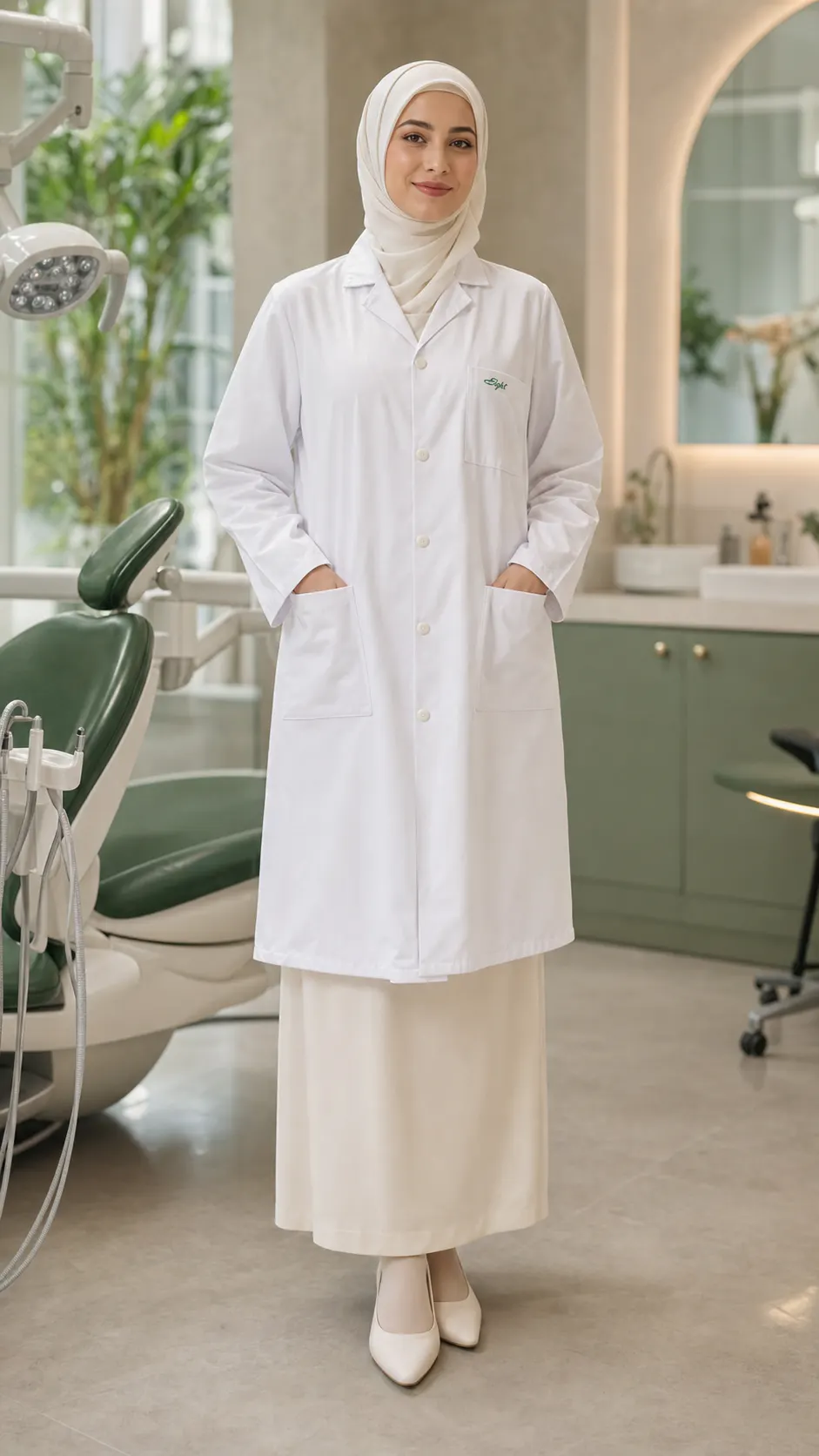Dentiste Eight portant une blouse médicale blanche et un hijab ivoire
